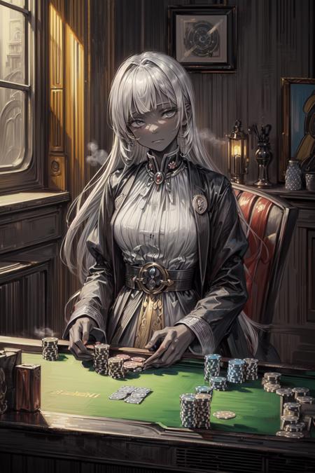 (best art, master piece, best quality,good light,illustration:1.5),(dark gray skin, silver gray long hair, droopy eyes, :1.2)steam train theme, silver theme, bronze theme, gold theme,1girl,solo,underage,solo,  small breasts ,poker face, perfect detail hands, perfect detail fingers,<lora:add_detail:0.96>  <lora:eye_opening_v2.0:0.45> <lora:charon-10:0.5><lora:fixHand2lora:0.1>