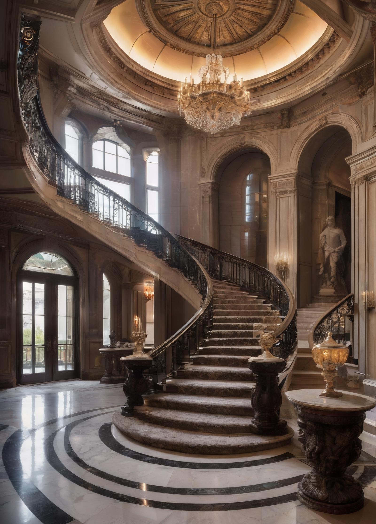 A grand staircase in a mansion with marble statues and chandelier.