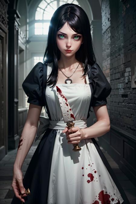 (masterpiece, highres, best quality:1.2)
 <lora:AliceMadness:0.8>
AliceMadness, 1girl, solo, long hair, black hair, dress, jewelry, green eyes, necklace, apron, blood, knife, horror \(theme\),