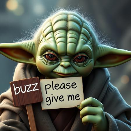 a sexy female yoda with a sign that says: "buzz please give me"