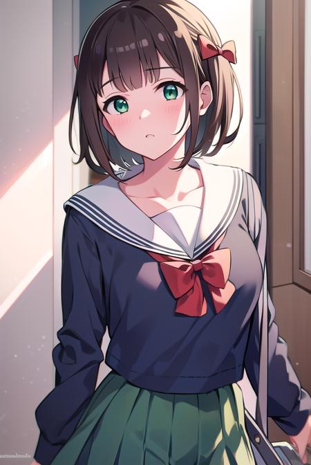 harukaamami, <lora:harukaamamitest:1>,
haruka amami, brown hair, (green eyes:1.5), short hair, (hair bow:1.5), hair ribbon, bangs, blunt bangs, (small breast:1.2),
BREAK bag, bow, school uniform, serafuku, skirt, sweater, long sleeves, red bow, blue skirt, grey sweater,
BREAK looking at viewer,
BREAK indoors, classroom,
BREAK <lora:GoodHands-vanilla:1>, (masterpiece:1.2), best quality, high resolution, unity 8k wallpaper, (illustration:0.8), (beautiful detailed eyes:1.6), extremely detailed face, perfect lighting, extremely detailed CG, (perfect hands, perfect anatomy),