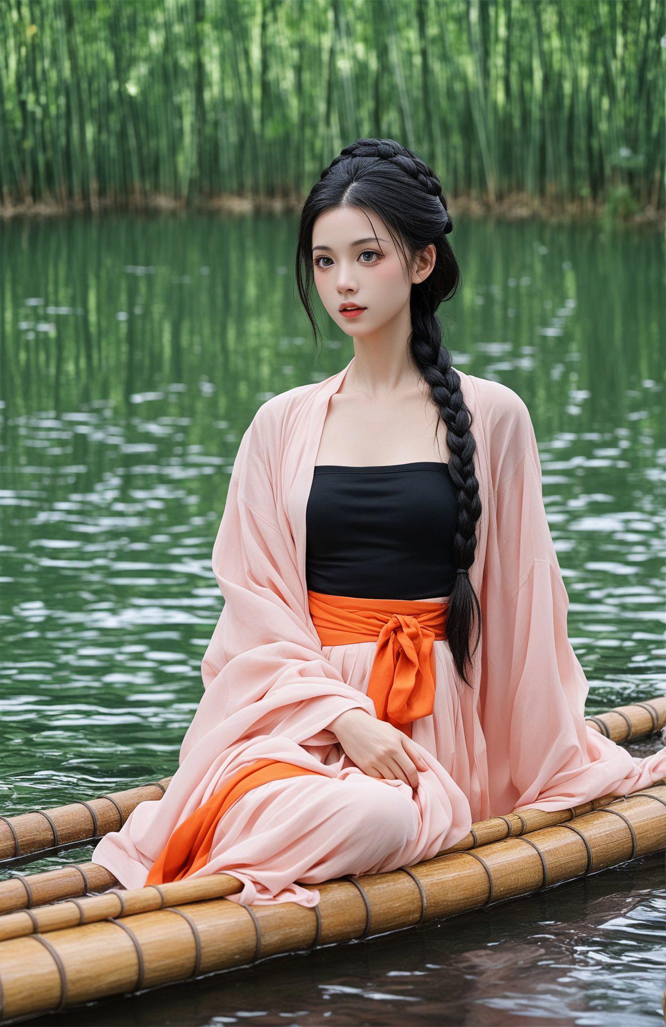 score_9,score_8_up,score_7_up,score_6_up,score_5_up,
Hanfu, a traditional Chinese garment, is depicted in this image. The individual is wearing a light pink robe with floral patterns over a black top with an orange sash. A long braid drapes over one shoulder, complementing the outfit. They are seated on a raft made of green bamboo poles, with a serene body of water and lush greenery in the background, evoking a sense of tranquility and connection with nature.