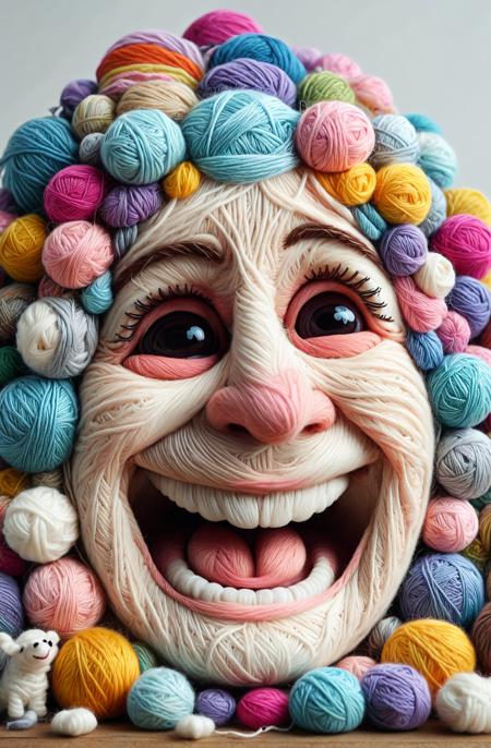 A high-quality, masterpiece photograph of a human head in extreme close-up, featuring a joyful, laughing facial expression. The entire face, including all details, is crafted entirely from yarn, adding a unique, surreal texture to the image. The laughter is captured in the delicate yarn strands, creating a lighthearted and playful atmosphere. Every feature is intricately designed, emphasizing the humor of the moment. The scene is captured with sharp focus, showcasing the depth and texture of the yarn. The composition is infused with the whimsical wool-and-glass cinematic fusion of the yrnwrld <lora:Yarnworld:1> style, bringing the scene to life in a joyful, amusing way. <lora:add-detail-xl:1>,