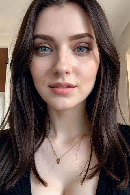 instagram photo, closeup face photo of 23 y.o Amy, in black sweater, cleavage, pale skin, (smile:0.4), hard shadows, glossy lips, lust, hot