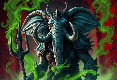 A terrifying evil elephant-headed man with double trunks. Wearing spiked armor. Holding a barbed trident. Surrounded by green swirling gas. Red prison walls in the background.  In the style of a fantastical horror film.