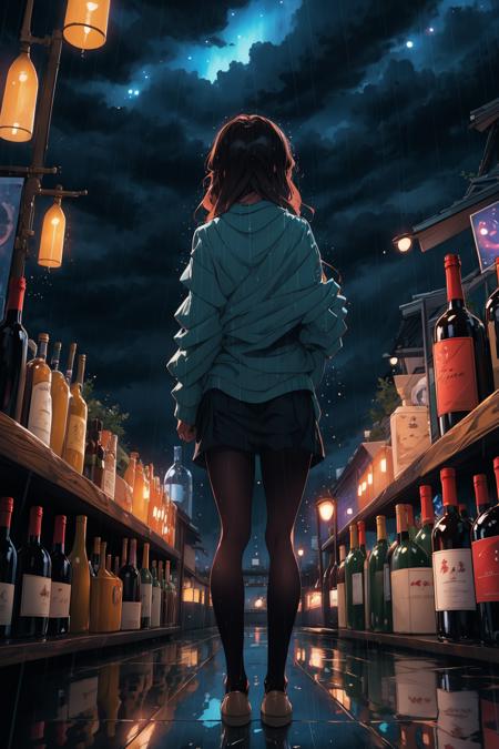 masterpiece, best quality, 1girl, pantyhose, bottle, fantasy, sky, bar, night sky, looking out of the window, drinking, from behind, wine, wind lift,  many of bottles, rainy, wet, city lights, <lora:sky_bar-000008:0.65>