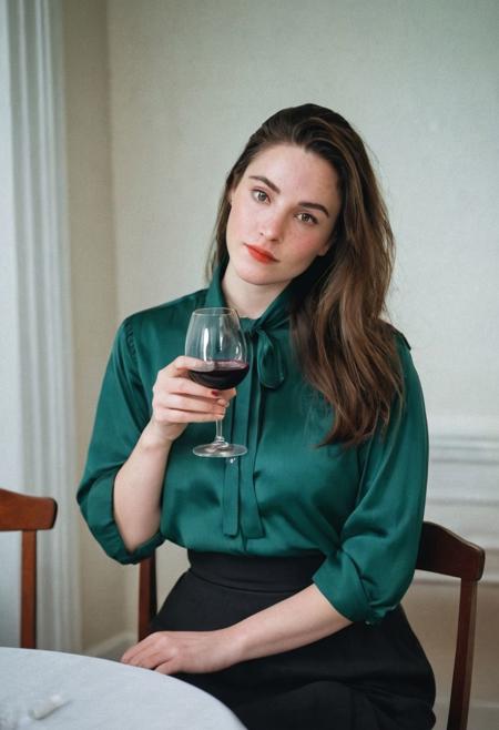Film photograph taken in a plain  suburban dining room. Liv sits at the table with a carafe of red  wine  and a wine glass. She blushes, shy, sexual arousal as she looks down at her hand the table, coyly brushes hairs out of her face. She is obviously aroused 
LIV wears a black skirt and white collared blouse, partially unbuttoned. Dining room is cozy, white walls  and natural wood. 
LIV is an  older attractive 45 year old woman. long brown hair parted sharply in the center, up in a messy ponytail, flowing down past shoulders. Italian heritage, resembling TYLER, LIV. smooth pale skin with makeup. thin trimmed Penciled eyebrows. thin lips, slight underbite and big chin and chubby cheeks, high cheekbones, rectangular shaped face, thicker neck, wide jaw. Dark cateye eyeliner and a few light freckles. 5 foot 3 inches tall and 200 pounds, thicker neck, full breasts with cleavage, high cheekbones, wide round nose. dark brownish Green eyes, bright smile showing gums. Thigh gap. Soft tummy