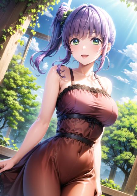 (masterpiece, best quality, ultra-detailed), (illustration), (beautiful detailed eyes), 1girl, solo, otomune kozue, purple hair, (side ponytail:1.3), green eyes, long hair,<lora:KozueV5:0.8>,  large breasts, mature female, 
dress,
light smile, cowboy shot, tareme
outdoors, day, blue sky, (greenery:1.3), depth of field, <lora:1651489307798708599 (1):0.6> <lora:add_detail:0.4> <lora:GoodHands-vanilla:1> <lora:tareme:0.4>