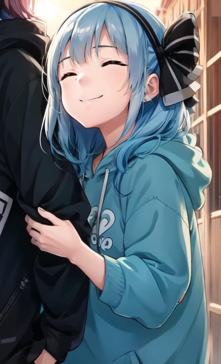 extremely detailed CG unity 8k wallpaper, realistic, hand by Guido Daniele
multiple girls, 2girls, hug, closed eyes, blue hair, pink hair, long hair, smile, hood, virtual youtuber, closed mouth, black hairband, bangs, hoodie, hood down, hat, yuri, ribbon, short sleeves, hairband, striped bow, bow, hair ribbon, black bow, black headwear, striped, black hoodie, mori calliope, hair bow, jacket, blue hoodie, black ribbon