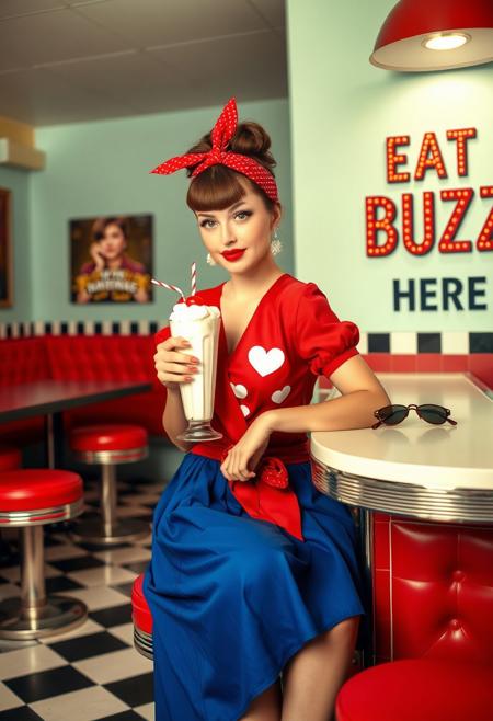 A vibrant, retro 1950s American diner interior with black-and-white checkered floors and red leather stools. A stylish pin-up girl sits at the counter, sipping a tall milkshake with whipped cream and a cherry on top. She has a vintage hairstyle with bangs and an updo wrapped in a red bandana tied in a bow. Her makeup includes bold red lipstick and winged eyeliner. She is wearing a red short-sleeve blouse with a white heart print, tied at the waist, and a pleated royal blue midi skirt. She gazes playfully at the camera, elbow resting on the counter, with a relaxed and confident expression. A pair of vintage sunglasses rests beside her on the counter.
On the wall behind her, bold vintage lettering reads: “EAT BUZZ HERE” in red, with smaller black text underneath, slightly blurred, in a classic diner font. The atmosphere is cheerful, nostalgic, and flirty, with soft overhead lighting and a classic Americana vibe. The image should feel like a stylized magazine ad or pin-up poster.
Style: Retro Pin-Up, 1950s Americana, High-resolution, Soft lighting, Vibrant colors