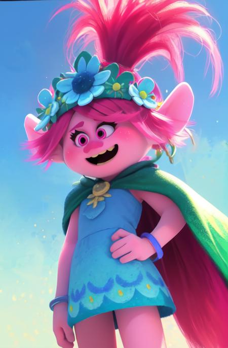 QueenPoppy,pink hair, ponytail, pink eyes,pointy ears, solo, happy, cowboy shot, 
standing, 
bracelet,hair flower ,head wreath,dress, green cape, 
 sunshine, rainbows, 
(insanely detailed, beautiful detailed face, masterpiece, best quality)
 <lora:QueenPoppy-10v7:0.8>