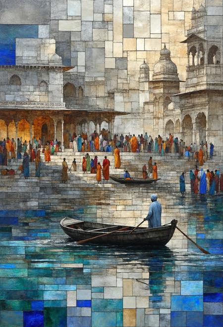 Envision a bustling Varanasi ghat at dawn, India, rendered as a Cubist stained-glass panorama. Pilgrims perform their morning rituals against a backdrop of ancient architecture, their forms fragmented into a mosaic of geometric shapes. A lone boatman guides his vessel through the sacred waters. The color palette utilizes deep ochre, indigo, saffron, and slate gray, creating a visually arresting contrast. Blend photorealistic details â the texture of the stone, the reflections in the water, the details of traditional clothing â with the geometric abstraction of Cubism. The overall composition should convey a sense of spiritual reverence, timeless tradition, and the profound beauty of India, deeply immersed in a dramatic interplay of light and shadow.