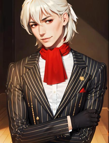 antonio, red eyes, gloves, formal, suit, striped, half updo, 1boy, male focus, black gloves, jewelry, ascot, long sleeves, scarf, necklace, white hair