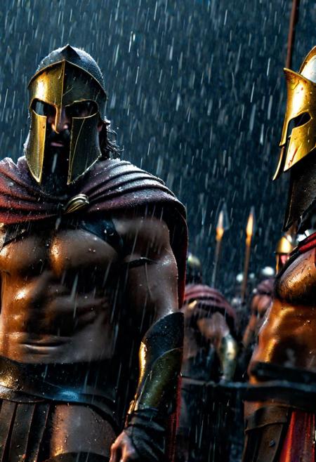 (((cinematic film photo, extremely details, photo of Mind blowing depth and foreground clarity))) stunning, high quality, photorealistic, photo very large view of Leonidas and his 300 Spartans, muscles, row, shield, pouring rain, ((dramatic lighting, detailed atmosphere), dark, moody), intricate details), volumetric lighting, high resolution, 8k, best quality, hyper detailed, ultra detailed, ultra high definition, 8k, super sharp focus, golden ratio, great detail of textures ((masterpiece))