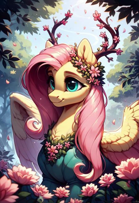 core_9, score_8_up, score_7_up, score_5_up, (masterpiece, ultra-detailed), Pastel style, Fluttershy, pony, wings, elegant and graceful pose, highly detailed, expressive eyes, flowing green nature-themed dress with intricate embroidery, adorned with delicate leaves, Glistering, vines, fluffy, EyesHD, close-up face,low quality, pixelation, poor face details, blurry textures, flat or lifeless composition, lack of detail in clothing, dull colors, blooming flowers, glowing floral crown, detailed antlers with natural textures, mystical forest setting with rays of sunlight streaming through the trees, pink flower petals gently falling around her, ethereal and magical atmosphere, ultra-detailed textures, cinematic lighting, warm and serene ambiance, hyperrealistic rendering, 8k resolution, best quality, masterpiece, stunning composition.