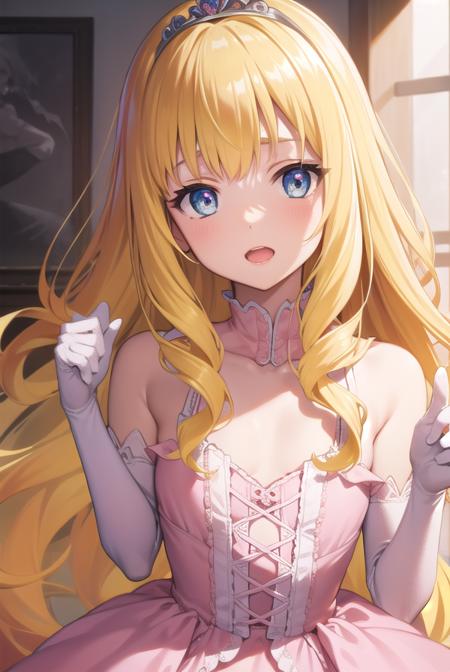 latifa fleuranza, (yellow hair:1.5), blue eyes, long hair, diadem, tiara, elbow gloves, gloves, white gloves, dress, frilled dress, long skirt, frilled skirt, corset, (pink dress:1.5),