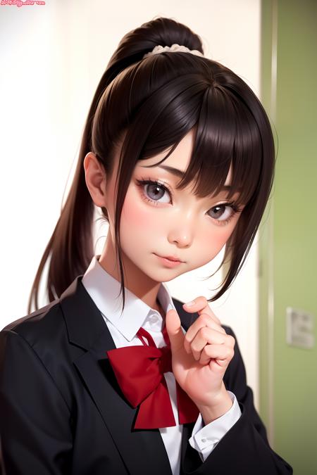 1girl, Solo, Aine_Mahiro, Japanese, Japanese face, Cute, kawaii, Black hair, Black eyes, middle hair, Ponytail, small brest, Small Girl, 20year old, School uniform, ((upper body, looking at viewer)),