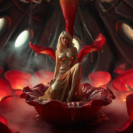 blonde damsel sit on erected slimy tentacle.  lifted glossy nightgown, her glasses askew, glossy high heels, she is kneeling inside giant rafflesia bloom , red tentacle from the bloom streaming transparent slime to her body,  her legs spreaded wide apart, knees bent,   penetration, orgasm, mind break,   surrounded by  giant rafflesia  glossy  crystal slime covered red colossus petales , reflecting the faint glow of the weird alien laboratory chamber. thin transparent slime curtains, pillow foil canopy,  fog from the floor. floor covered by giant leather pillows.   the walls appear to be alive, covered in a pulsing, iridescent slime, while colossus observation portholes gaze in like empty eyes, as if the very darkness of space itself is watching this horrific scene unfold. Inspired by the dark, industrial sci-fi of H.R. Giger, the eerie, atmospheric lighting of Zdzisław Beksiński, and the surreal, biomechanical nightmares of Francis Bacon.
