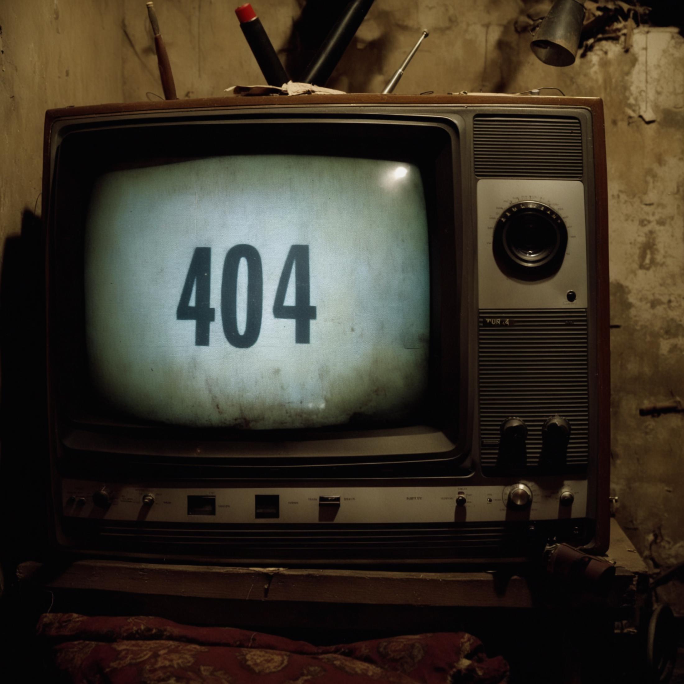 An old television displaying the number 404 with a red marker.