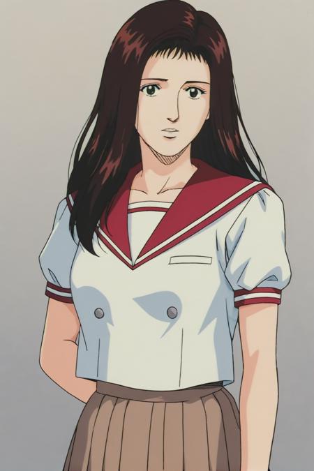 1990s \\(style\\), retro artstyle, shimamura youko, black eyes, brown hair, long hair, serafuku, school uniform, sailor collar, pleated skirt, skirt