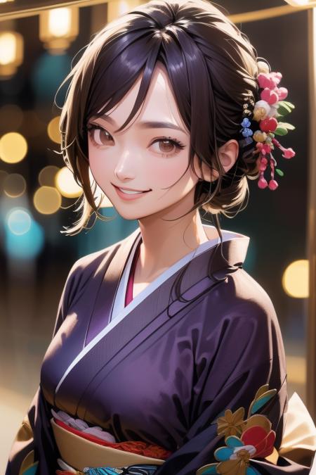 <lora:Awy_Blur:-0.5>, (mature female, women, 28yo, (small breasts:1.2), upper body, black hair,smile, brown eyes :1.1), (beautiful embroidery kimono:1.3), 1girl, japanese clothes, simple background, looking at viewer,(depth of field,blurry background, bokeh:1.3),