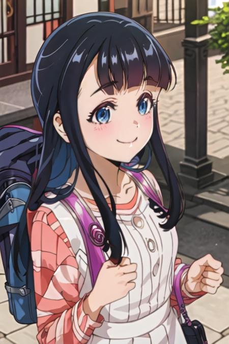 best quality, masterpiece, highres, solo, {koganeikoyuzu_edomaeelf:1.15}, black_hair, long_hair, bangs, blue_eyes, blush, smile, blunt_bangs, 1girl, backpack, bag, outdoors, upper_body, randoseru, day