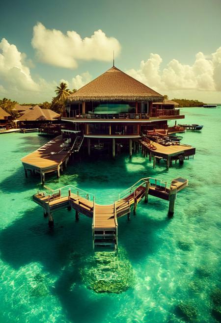 Hyoer Realistic:2.0)Polaroid picture of A Ultra-realistic landscape of Soneva Jani, Maldives, showcasing its luxurious one- to nine-bedroom island and overwater villas. The scene features pristine waters, lush tropical vegetation, and a serene atmosphere with a clear blue sky and gentle sunlight. Include high-quality photography details, such as a Canon EOS R3 camera, 3-point lighting, and a softbox flash. The image should highlight the resort's unique architecture and the natural beauty of the Maldives.