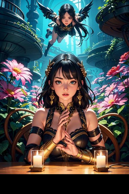 Craft a visually captivating artwork featuring a female character seamlessly blending intricate 2D details with immersive 3D depth, Illuminate the scene with carefully crafted lighting and shadows, allowing viewers to dive into the enchanting world of this character, Choose a harmonious color palette to enhance the overall visual experience, creating a unique fusion of dimensions in a captivating and concise composition