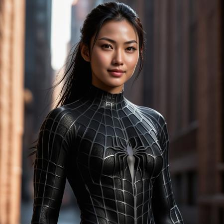score_9, score_8_up, score_7_up, best quality, realistic, masterpiece, beautiful detail, hyperrealistic, night, ((1girl, woman body, large breast)), amazing detailed full body of a beautiful japanese girl, wearing a realistic and highly detailed black raimi spider-man suit, ((defined muscular girl)), professional model wears ultra - detailed black raimi spider - man suit, ultra - detailed and grained black raimi spiderman suit, suit covered entire body and hand, black spiderman gloves, wet, ((full body, smiling, dynamic pose), octane render, highly detailed, volumetric, dramatic lighting, (highest quality:1.1), (HDR:1.3), (top quality, best quality), realistic, high definition, sharp contrast between light and shadow, athletic and fit physique, highly detailed and accurate portrayal, photorealistic rendering, tense and alert atmosphere cinematic scene, cinematic lighting, intricate detail skin and facial texture, lifelike expression, accurate character design, interesting and complex background details,