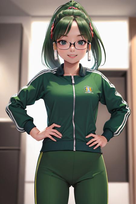 (masterpiece, best quality:1.2), cowboy shot, solo, 1girl, xphome-tan, smile, looking at viewer, hands on hips, ponytail, hair ornament, glasses, green track jacket, green track pants <lora:os-tan_xphome-tan:1.0>