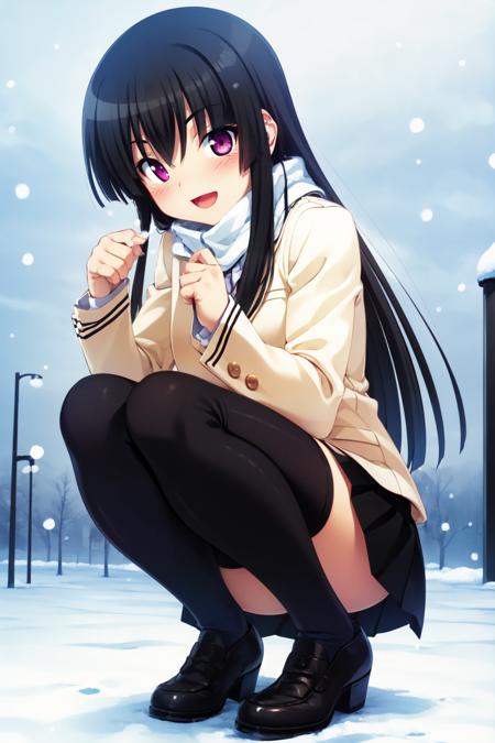 djaoi, 1girl, solo, striped scarf, school uniform, blazer, pleated skirt, thighhighs, shoes, black thighhighs, squatting, open mouth, blush, smile, :d, snow, snowing, loafers  <lora:djial_V2-13:0.7>