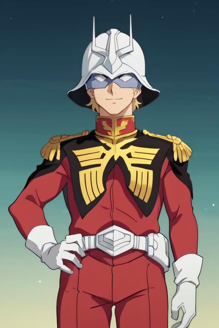 char helmet, mask, zeon, red military uniform, white gloves, red pants