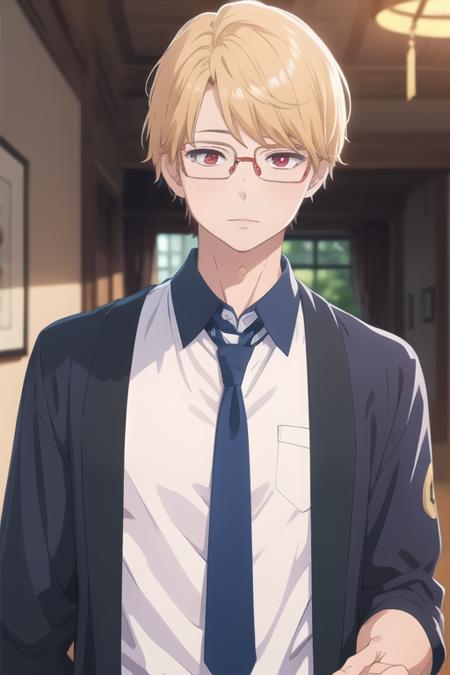 masterpiece, best quality, photorealistic, 1boy, solo, male focus, looking at viewer, upper body, , <lora:eita_sasaki:0.64>, eita_sasaki, glasses, blonde hair, red eyes, graduation costume, ,