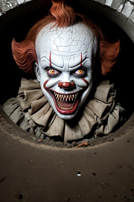 pennywise, sharp teeth, in an old sewer drain,<lora:pennywise-000006:1>