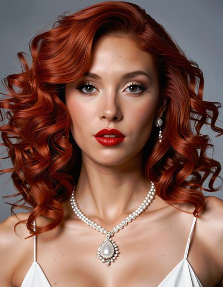 A photo-realistic portrait shoot from a portrait camera angle about a woman with long, wavy red hair and striking makeup, wearing a white dress with a plunging neckline, a pearl necklace, and red lipstick. on the middle of the image, a 1 woman, who appears to be in her early twenties, with detailed skin, realistic eyes, and a sultry expression, is looking directly at the viewer. she has long, curly red hair that falls down her back, and her hair is styled in a way that frames her face. her eyes are accentuated by dramatic makeup, with bold red lipstick and dramatic eye makeup. her lips are painted red, and she has a mole on her cheek. she is wearing a pearl choker and earrings, adding a touch of elegance to her elegant appearance. the background is dark and minimalistic, with a hint of a window on the left, allowing soft lighting to filter in and create a sensual atmosphere.