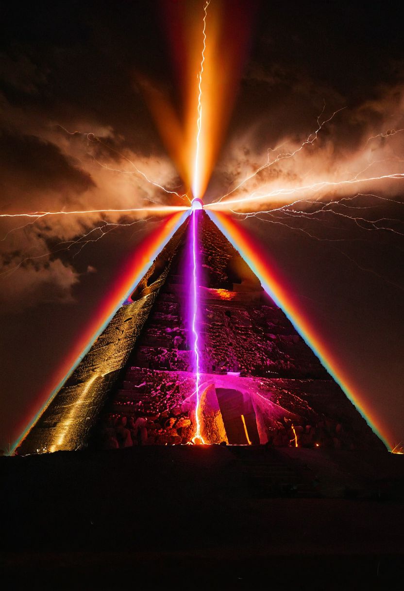 dark pitch dark shadow of a pyramid in the middle of the sun, glowing with multi colored lightning, blackhole energy, pitch black background, dynamic angle, cinematic still, 100mm f/2.8 macro lens, close-up, award winning photo, zavy-lghttrl