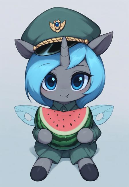 masterpiece, score_9_up, score_8_up, score_7_up, score_6_up, (best quality:1.1), ultra-detailed, high resolution, solo, Carolina Phymata, changeling oc, female, mlp, cute, feral, gray skin, short blue mane, 
Beautiful blue eyes, eyebrows, blue insect wings, tail, single horn, ears, fang, military uniform, military patches, peaked cap, (holding a watermelon:1.3), Looking at the viewer BREAK fumo, fumos, plushie, cute, toys, dolls, toy, fumo style, Fumo plush doll, fumo \(doll\) BREAK (high angle:1.3), expressiveh, simple background, highly visible, sharp focus, anatomically correct, highly visible, sharp focus