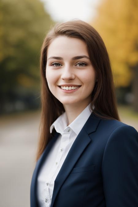 a close-up photo of a gorgeous 24 y/o European woman wearing a suit, (smile:0.1), outdoors, depth of field