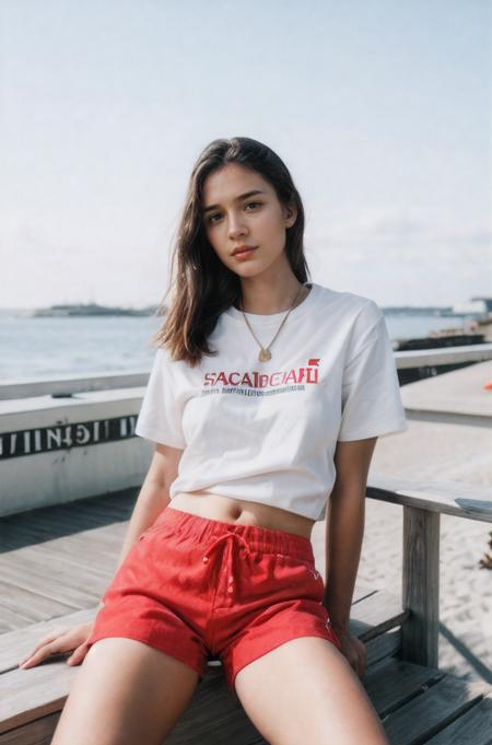 RAW photo,(Scandinavian girl as a lifeguard, sitting in the sun, lifeguard tower, plain white shirt, red shorts),8k uhd, dslr, soft lighting, high quality, film grain, Fujifilm XT3 <lora:InstantPhotoX3:0.6> <lora:more_details:0.6>