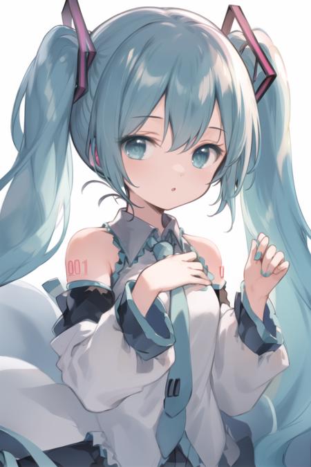 masterpiece, best quality, 1girl, hatsune miku, aqua hair, upper body, white background, simple background, <lora:hikarisoft32:0.9>