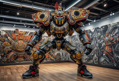 a large battle mechanoid with intricate designs, fighting in a battle (HDR:1.5), (8k resolution), ,
 Indigenous art, cultural hybridity, deconstructed consumer objects, Nike Air Jordans, large-scale installation, traditional masks, environmental commentary, identity and globalization, minimalistic space, critique of commodification