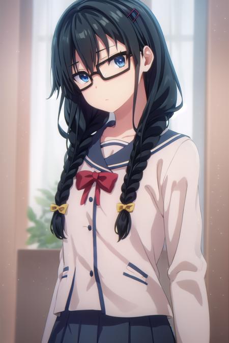 sumirekosanshokuin, <lora:sumireko sanshokuin s1-lora-nochekaiser:1>,
sumireko sanshokuin, long hair, black hair, blue eyes,
BREAK hair ornament, braid, glasses, twin braids, black-framed eyewear, skirt, hair ornament, school uniform, serafuku, black skirt, long skirt,
BREAK indoors, classroom,
BREAK looking at viewer, (cowboy shot:1.5),
BREAK <lyco:GoodHands-beta2:1>, (masterpiece:1.2), best quality, high resolution, unity 8k wallpaper, (illustration:0.8), (beautiful detailed eyes:1.6), extremely detailed face, perfect lighting, extremely detailed CG, (perfect hands, perfect anatomy),