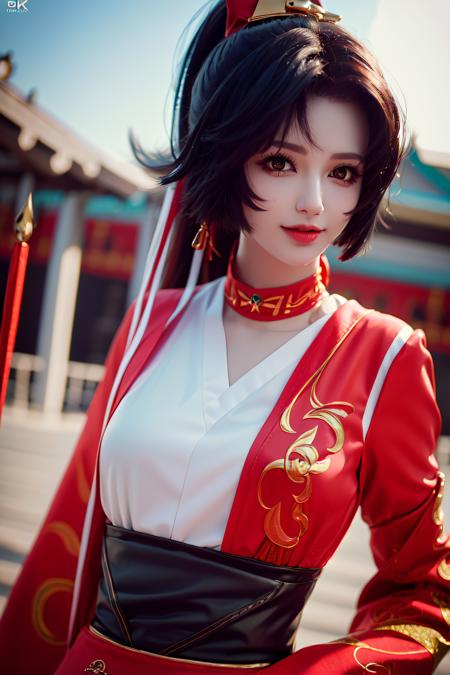 (best quality, masterpiece:1.4), (ultra realistic, raw photo, 8k, photography:1.4), soft sunlight, intricate detailed, 
1 girl, solo, beautiful and cute face, floating hair, beautiful eyes, fair skin, upper body, narrow waist, floating ponytail, looking at viewer, light smile, 
((yunying in red and white outfit)), <lora:Yunying_v11c:0.68>,