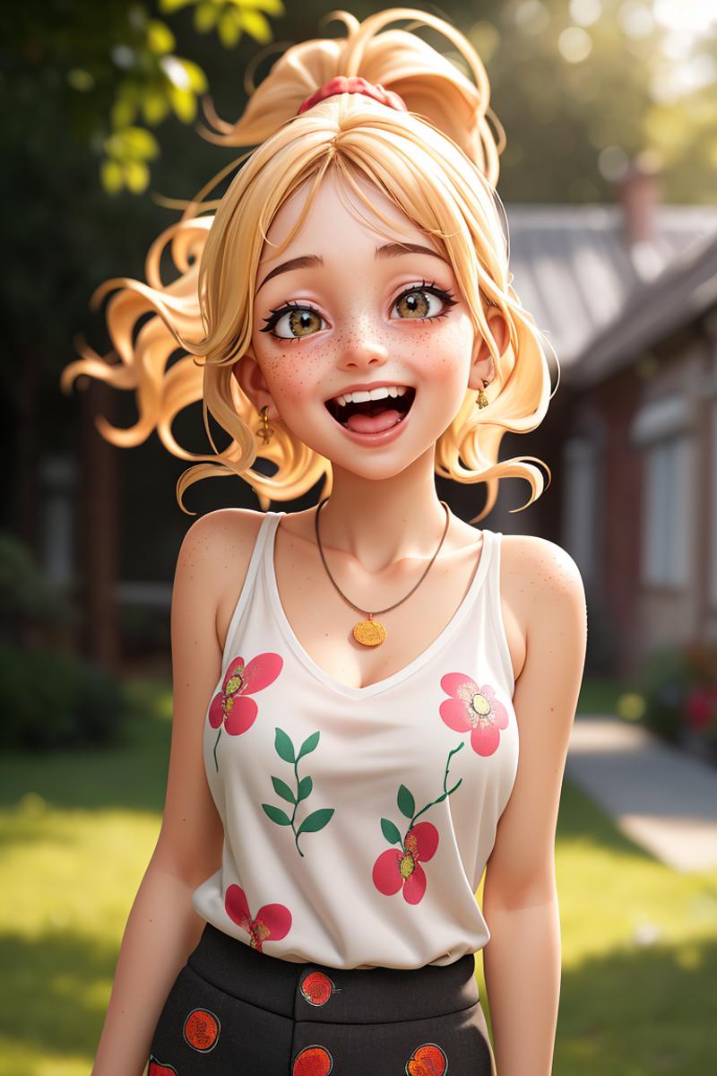 A cartoon girl wearing a white shirt with a flower print is smiling and laughing.