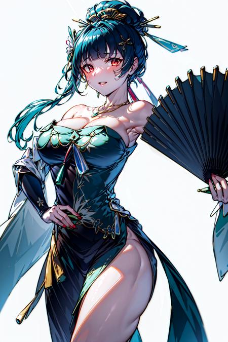 masterpiece, best quality, 1girl,cape,dress,green hair <lora:Hanying2:1>,red eyes,fan,holding_fan