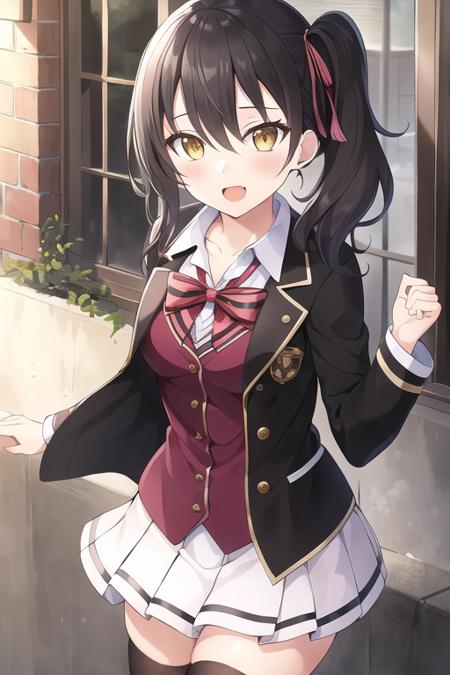 masterpiece, best quality,1girl,solo, komai hasuki,black hair,side ponytail,yellow eyes,hair ribbon,school uniform,black jacket,miniskirt,white skirt,pleated skirt,striped bowtie,black socks,<lora:hasuki:0.6>,outdoors, dynamic pose,lens flare, 
