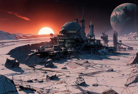 Aerial view, looking down upon a massive lunar crater several kilometers wide. A scientific research station, almost a futuristic city, stands in the middle of this vast lunar basin. Large boulders and small rocky spurs are scattered throughout the landscape.
The station’s architecture is sleek and harmonious, made of glass and steel. A grand building with a colossal astronomical observatory dome dominates the other structures. Multiple platforms host residential and research facilities, with scattered lights, intricate staircases, and numerous antennas. The crater’s edge is clearly visible several kilometers away.
In the foreground, smaller research domes, pipelines, conduits, and enormous extraction machines create a scene of intense activity across the plain. Behind the station, an astroport features a rocket on its launch pad. The sky is brilliantly illuminated as the sun begins to set, casting an orange and bluish glow over the frozen city. The air is frigid, with ice crystals drifting in the wind, lifting snow and dust just above the ground. In the vastness of space, Earth can be seen setting on the horizon.