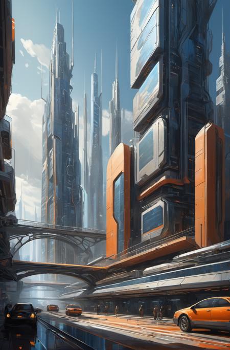 In this creative illustration, the concept revolves around a futuristic cityscape with a focus on detailing the intricate structures and technologies that define its advanced state. The artistic style is inspired by the works of Syd Mead, known for his sleek and futuristic visions of urban environments. The color palette features a muted range of metallic grays, deep blues, and warm oranges to convey a sense of high-tech functionality and vibrant energy. The lighting is intense and directional, casting sharp shadows on the buildings' surfaces while highlighting their intricate details. The mood is one of optimism and hope, reflecting the city's progress and innovation. A metropolis with a complex network of transportation systems, communication towers, and energy grids. The setting is a bustling urban hub, thriving with activity as people and robotic entities move about in harmony. The time period is set in a dystopian future where technology has advanced beyond our current limits, and the season remains unspecified due to the city's climate control systems. The medium used is digital art software, allowing for smooth lines, crisp brushstrokes, and intricate patterns that reflect the city's advanced technologies. The genre is sci-fi, with a touch of cyberpunk, and the rendering style employs realistic techniques that convey the city's level of detail while maintaining a futuristic aesthetic.  Take the PoV of a 13 year old orphan living in the city, as seen through their eyes at night.