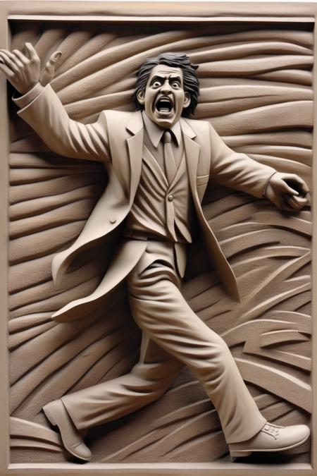 <lora:BAS-RELIEF:1>BAS-RELIEF - bas relief, scared latino man in business suit running to the right