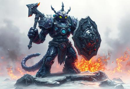 In an epic, highly detailed 8k image with a white color palette, the Acid Golem of Destruction, a purple steampunk monster, stands on a Land of Frozen Flames. Adorned with blue and gray accents, the golem holds a gray Edge Hammer and Spirit Shield, embodying anticipation and readiness. The image features vibrant colors, sharp lines, and a dynamic action pose, set against a harmonious backdrop of contrasting flames. This captivating, trending ArtStation illustration is a blend of Raphael and Houdini styles, exuding vivid emotions, cinematic quality, and a powerful message.